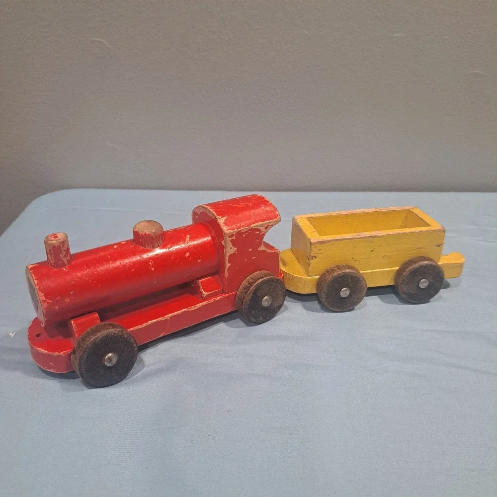 VTG Nicoltoys Wooden Train Engine & Wagon Red Yellow Made in England Rustic Toy